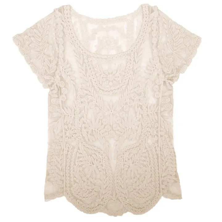 Women Blouses Hollow Out Casual Lace Shirt Floral Short Sleeve shirt Crochet Tops