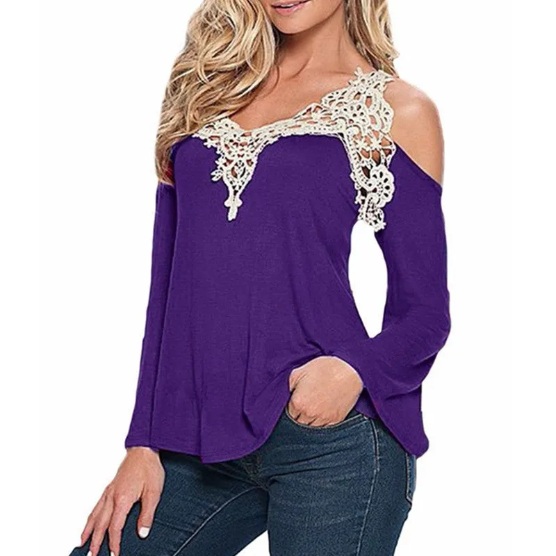 Women Blouses Off Shoulder Blouse Elegant Lace V Neck Shirt Ladies Long Sleeve Tops Plus Size
