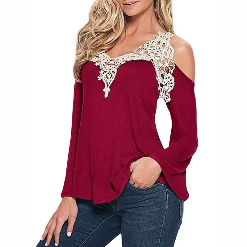 Women Blouses Off Shoulder Blouse Elegant Lace V Neck Shirt Ladies Long Sleeve Tops Plus Size
