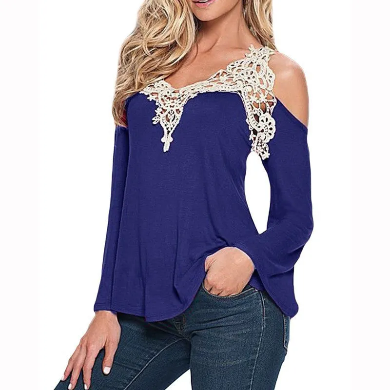 Women Blouses Off Shoulder Blouse Elegant Lace V Neck Shirt Ladies Long Sleeve Tops Plus Size