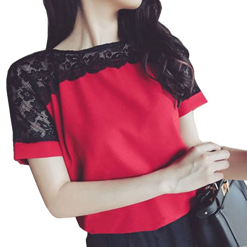 Women Blouses Summer Lace Chiffon Blouse Tops Fashion Shirts Plus Size 5XL Red White Pink