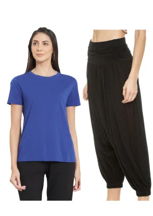 Women Blue Solid Organic Cotton T-shirt With Harem pant  (BLACK)