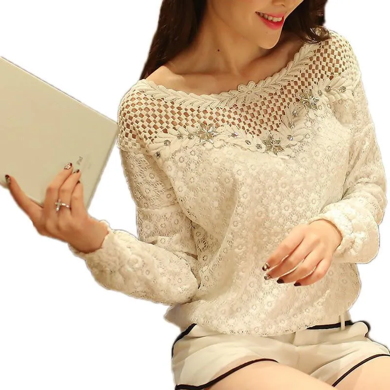 Women Casual Lace Blouse Tops Hollow Out Crochet Beading Shirt 2 Style L-5XL Blouses White
