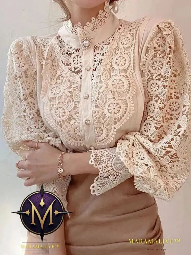 Women Chiffon Button Turtleneck Shirt Chic Elegant Floral Lace Fluffy Long Sleeve Top Fashion Hollow Oversize White Blouse 2024