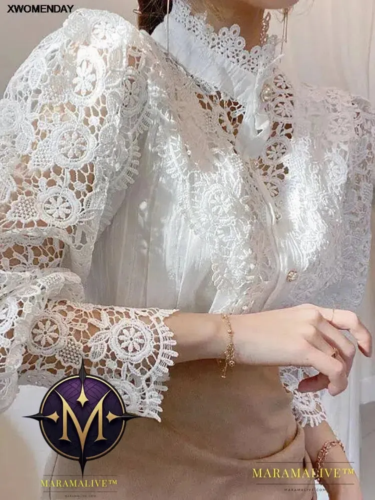 Women Chiffon Button Turtleneck Shirt Chic Elegant Floral Lace Fluffy Long Sleeve Top Fashion Hollow Oversize White Blouse 2024