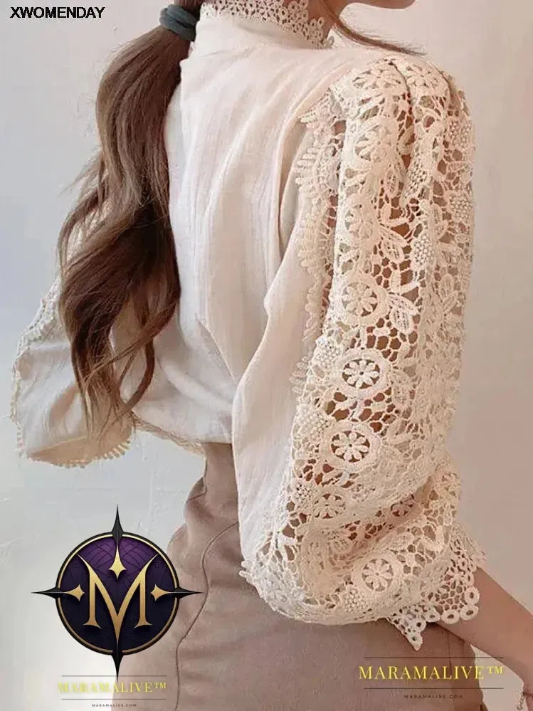 Women Chiffon Button Turtleneck Shirt Chic Elegant Floral Lace Fluffy Long Sleeve Top Fashion Hollow Oversize White Blouse 2024