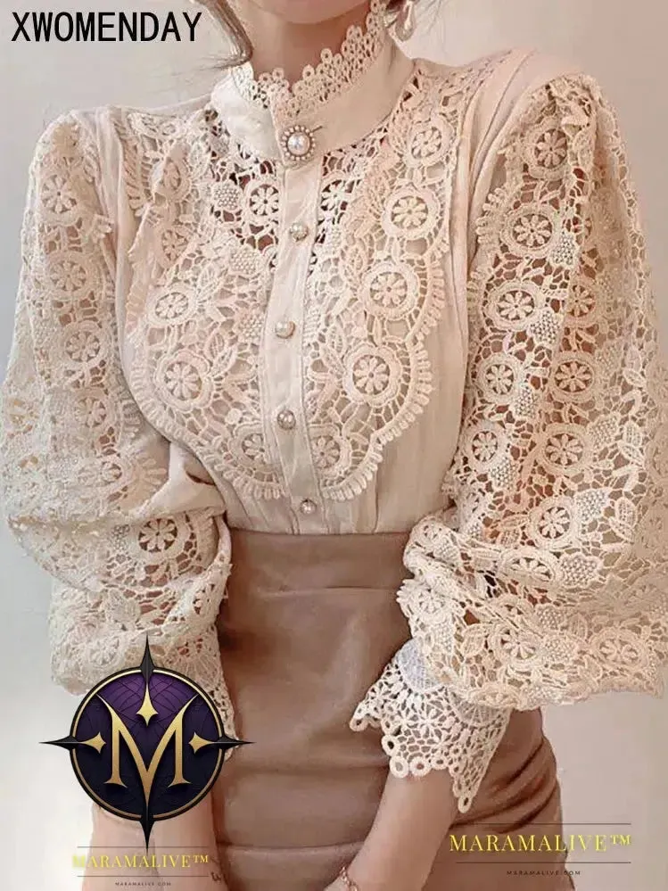 Women Chiffon Button Turtleneck Shirt Chic Elegant Floral Lace Fluffy Long Sleeve Top Fashion Hollow Oversize White Blouse 2024