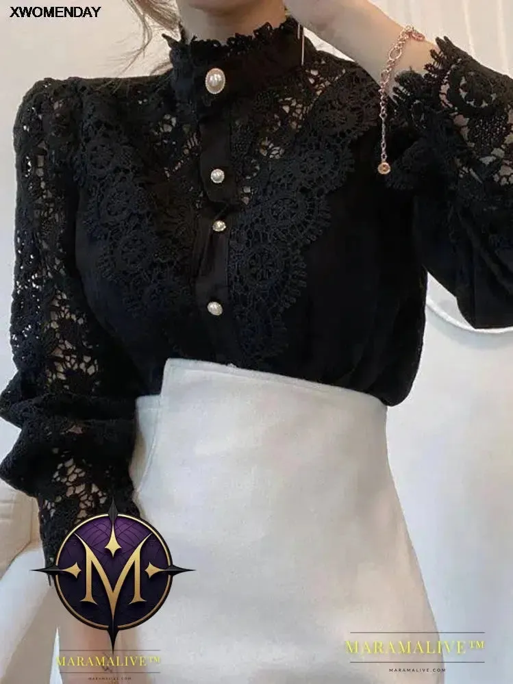 Women Chiffon Button Turtleneck Shirt Chic Elegant Floral Lace Fluffy Long Sleeve Top Fashion Hollow Oversize White Blouse 2024