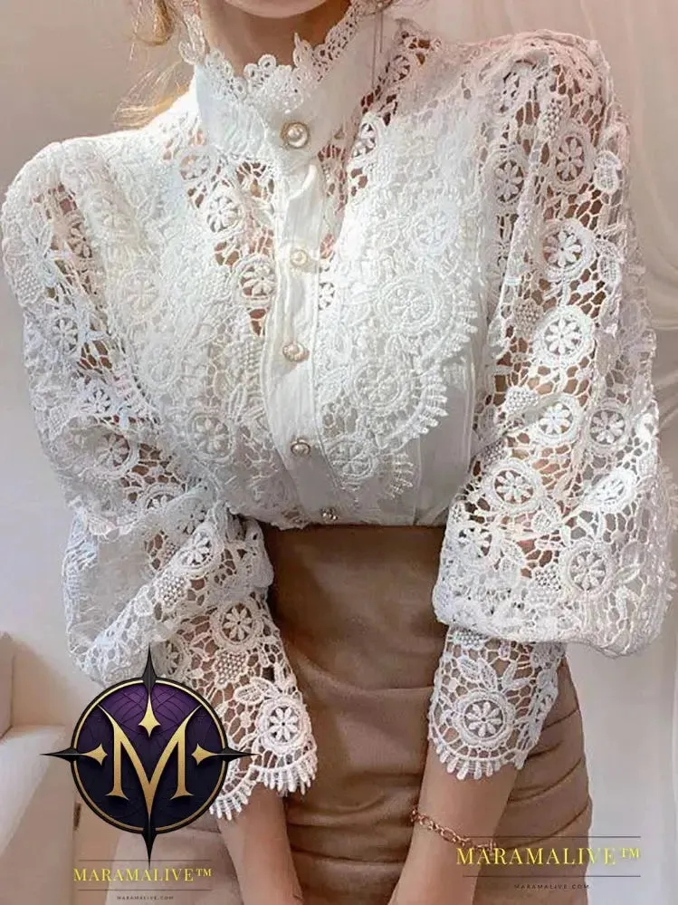 Women Chiffon Button Turtleneck Shirt Chic Elegant Floral Lace Fluffy Long Sleeve Top Fashion Hollow Oversize White Blouse 2024