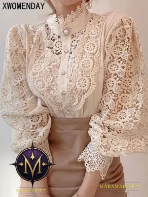 Women Chiffon Button Turtleneck Shirt Chic Elegant Floral Lace Fluffy Long Sleeve Top Fashion Hollow Oversize White Blouse 2024