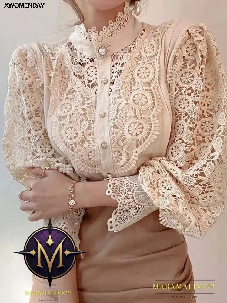 Women Chiffon Button Turtleneck Shirt Chic Elegant Floral Lace Fluffy Long Sleeve Top Fashion Hollow Oversize White Blouse 2024