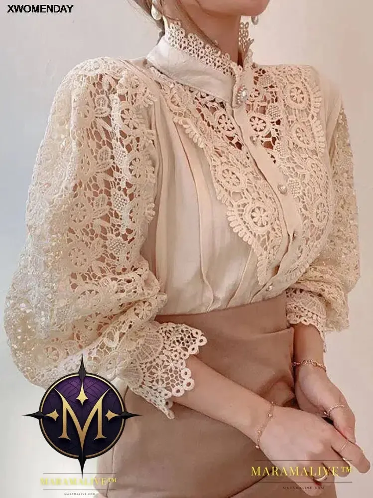 Women Chiffon Button Turtleneck Shirt Chic Elegant Floral Lace Fluffy Long Sleeve Top Fashion Hollow Oversize White Blouse 2024