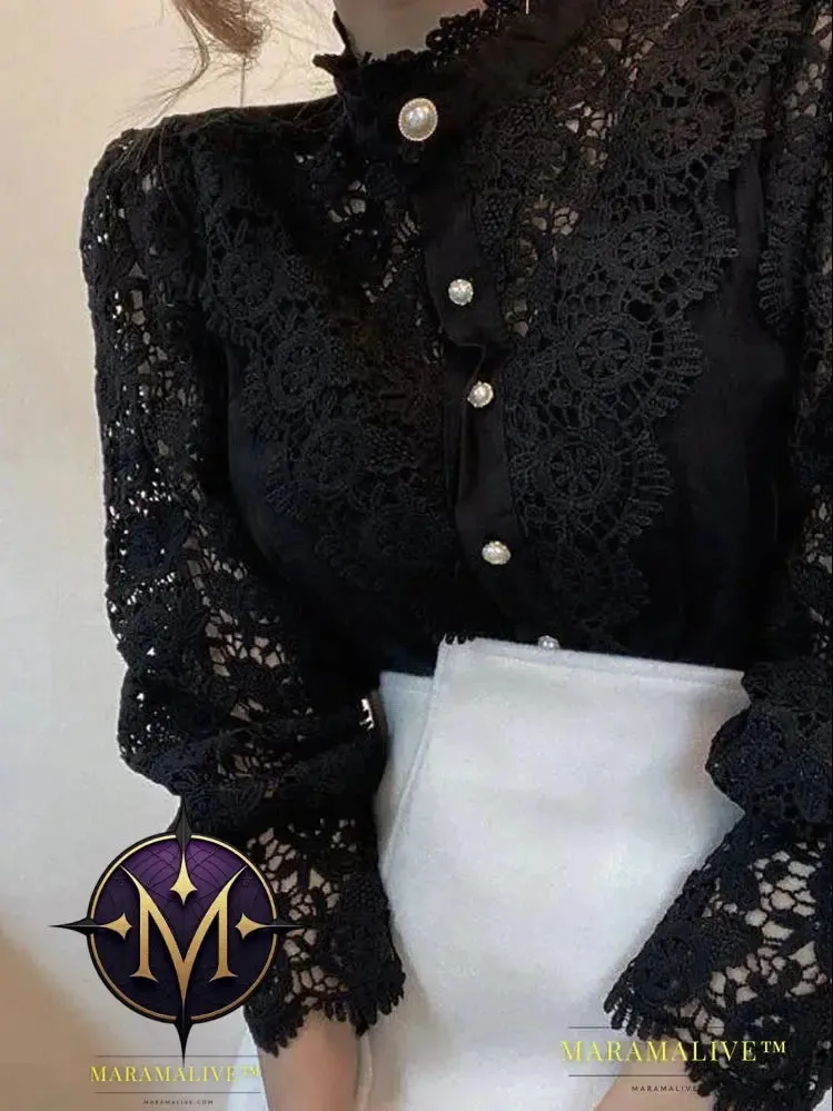 Women Chiffon Button Turtleneck Shirt Chic Elegant Floral Lace Fluffy Long Sleeve Top Fashion Hollow Oversize White Blouse 2024