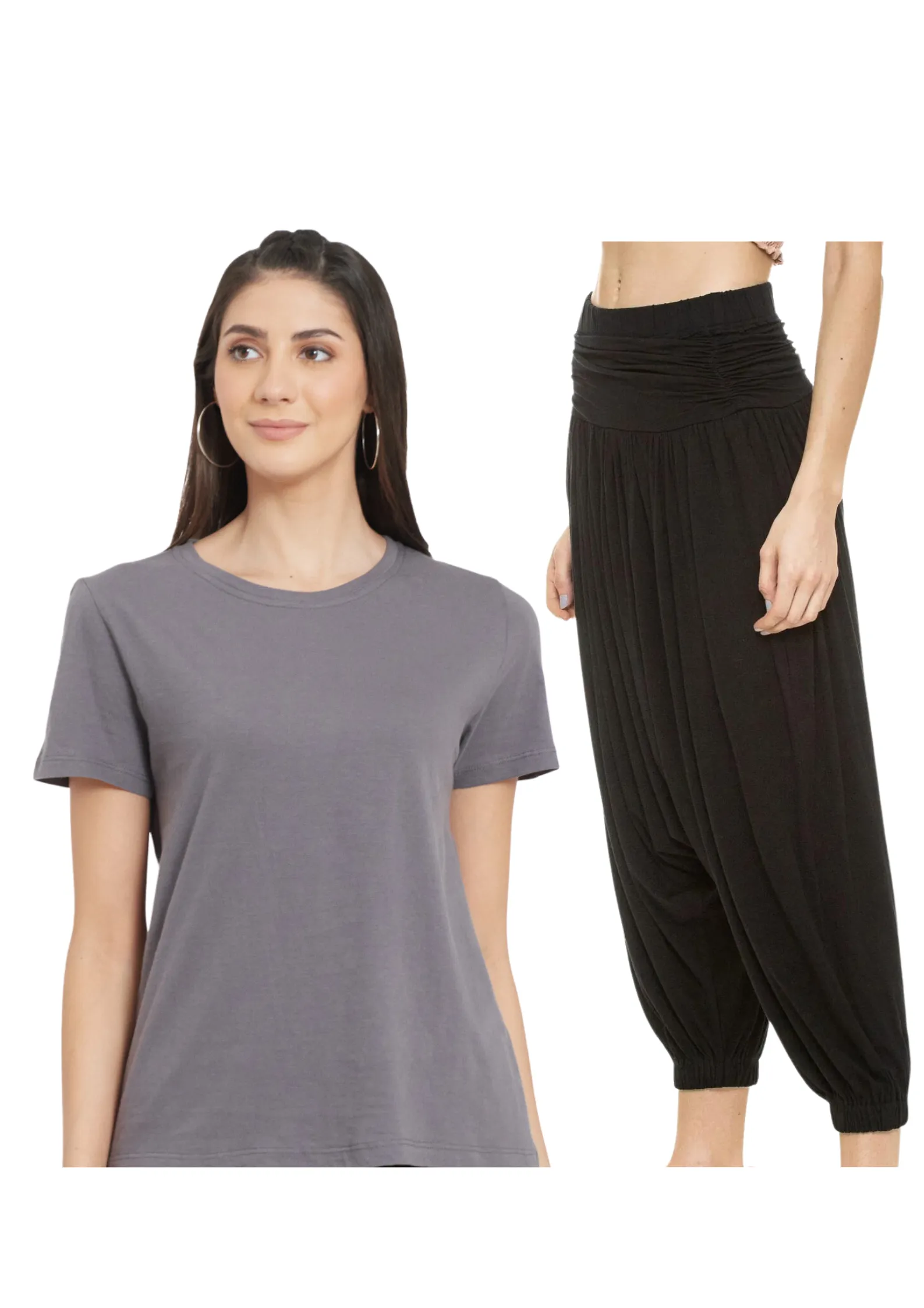 Women Grey Organic Cotton T-shirt with HAREM PANT (BLACK)