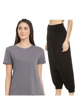 Women Grey Organic Cotton T-shirt with HAREM PANT (BLACK)
