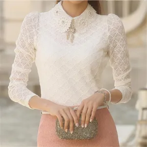Women Lace Blouses Elegant White Long Sleeve chiffon Blouse Women Shirt