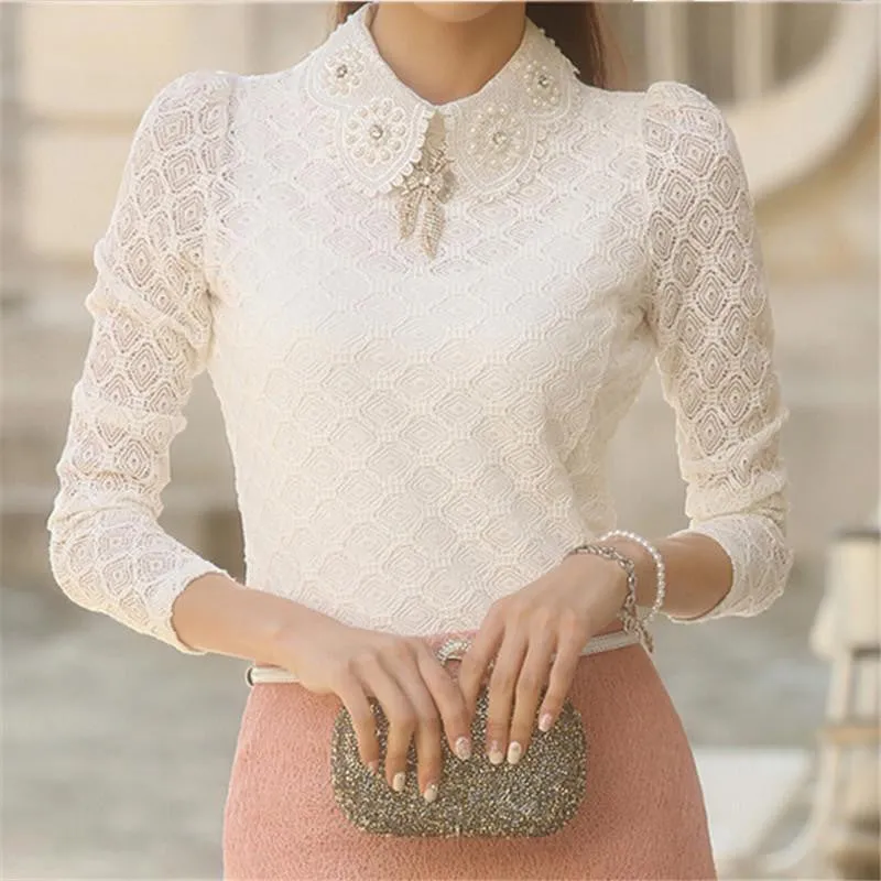 Women Lace Blouses Elegant White Long Sleeve chiffon Blouse Women Shirt