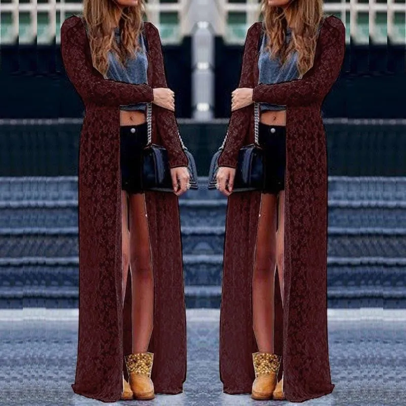 Women Outwear Lace Crochet Long Sleeve Beach Cardigan Casual Loose Long Blouses Tops Plus Size Shirts
