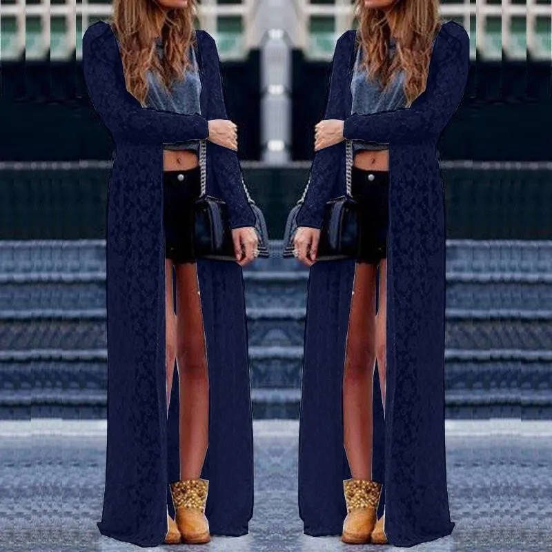 Women Outwear Lace Crochet Long Sleeve Beach Cardigan Casual Loose Long Blouses Tops Plus Size Shirts