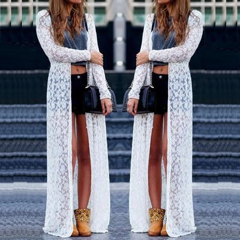 Women Outwear Lace Crochet Long Sleeve Beach Cardigan Casual Loose Long Blouses Tops Plus Size Shirts