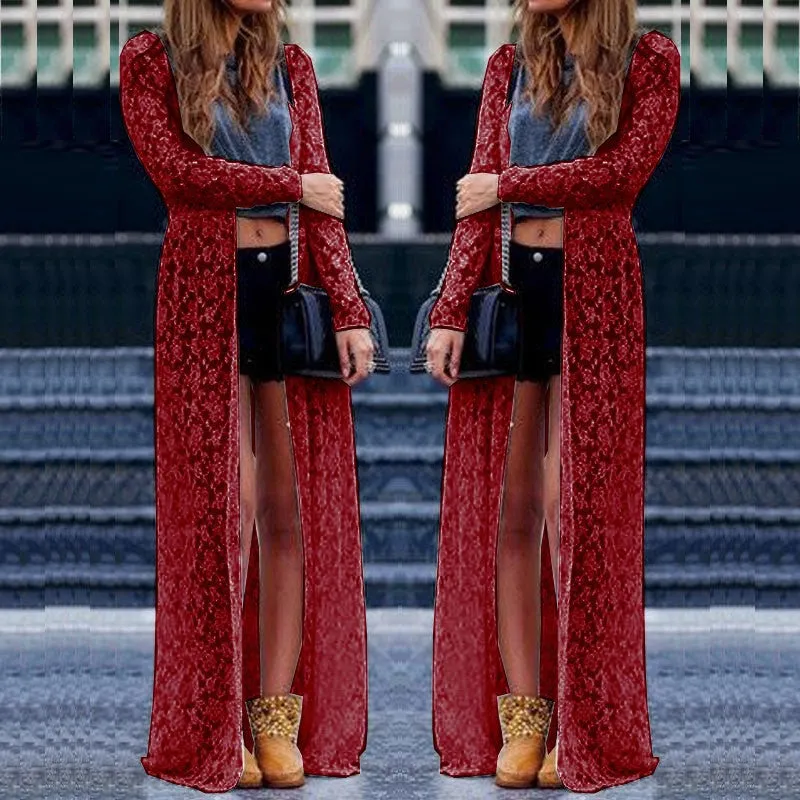 Women Outwear Lace Crochet Long Sleeve Beach Cardigan Casual Loose Long Blouses Tops Plus Size Shirts