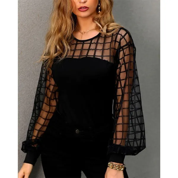 Women Sexy See-through Grid Mesh Black Lace Tops