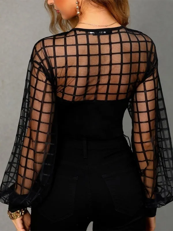 Women Sexy See-through Grid Mesh Black Lace Tops
