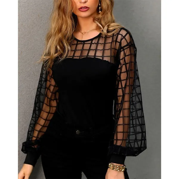 Women Sexy See-through Grid Mesh Black Lace Tops