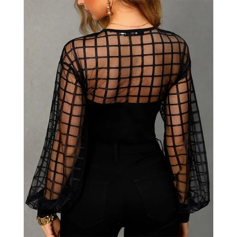 Women Sexy See-through Grid Mesh Black Lace Tops