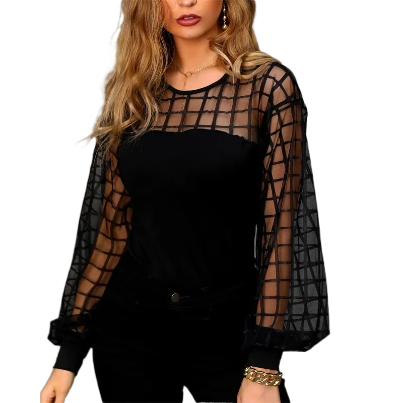 Women Sexy See-through Grid Mesh Black Lace Tops