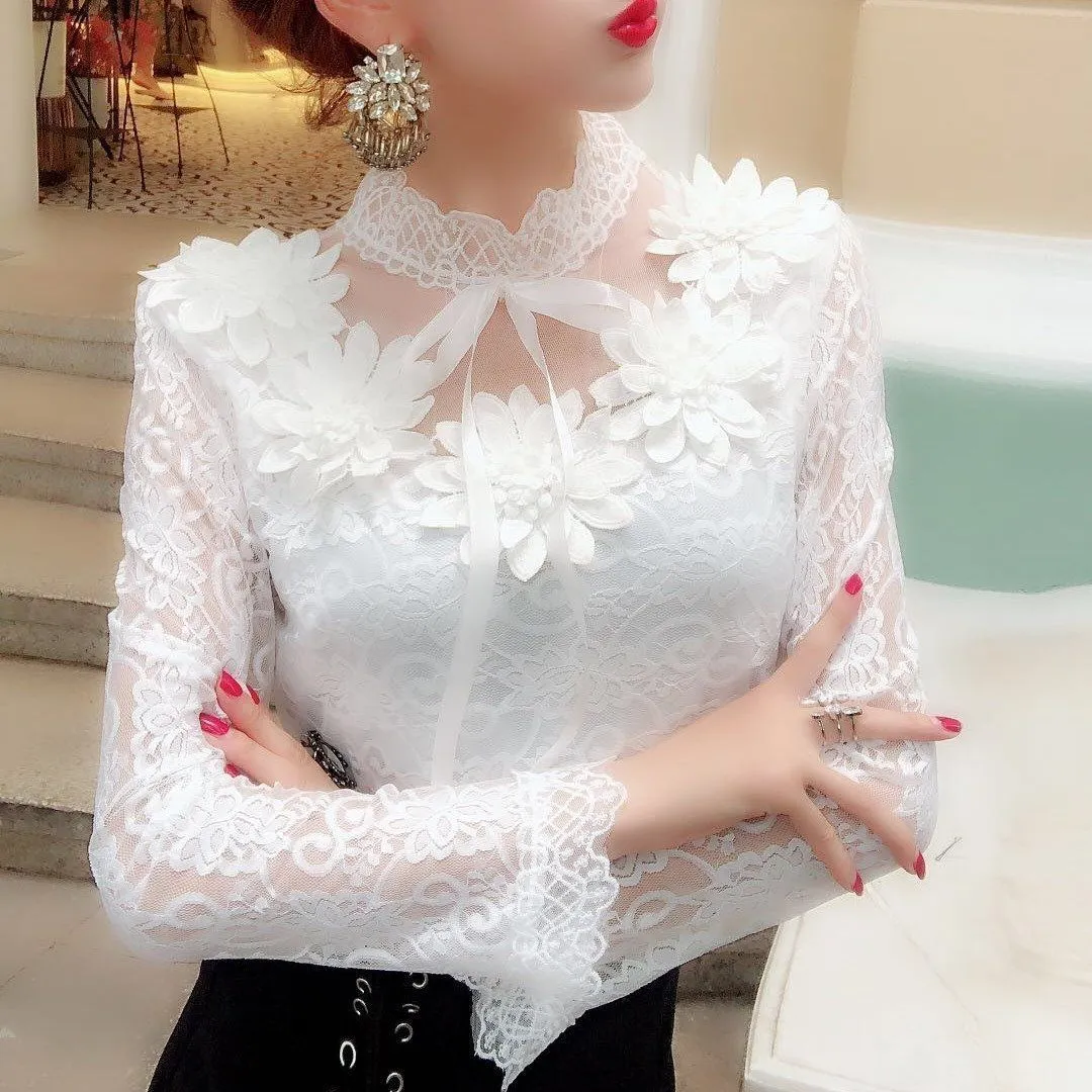 Women Shirts Lace Long Sleeve Blouse Bow Sweet Floral Hollow Lace Blouses Shirt Female Mesh Blusas Spring Women Tops X01F
