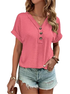 Women Summer Tops 2024 Spring Fashion Button Down Shirts Short Sleeve Tshirts Dressy Casual T Shirts V Neck Clothes Trendy Ladies Outfits Blouses Pink