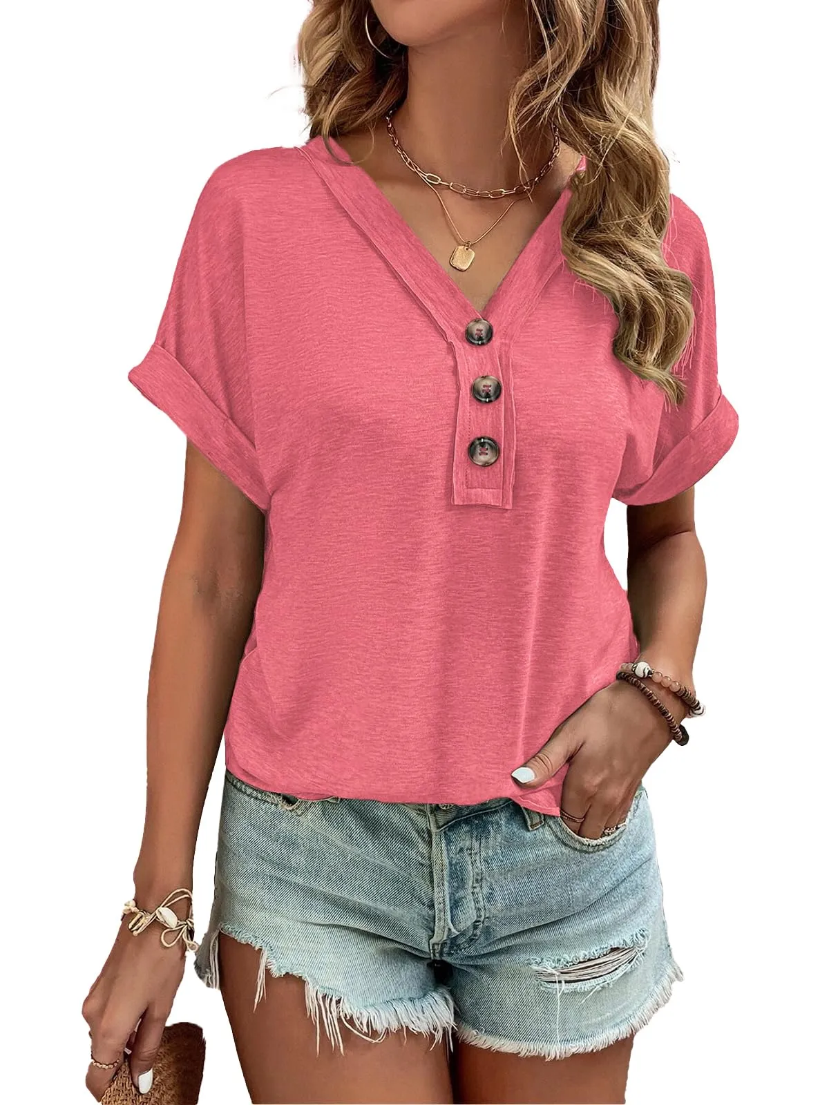 Women Summer Tops 2024 Spring Fashion Button Down Shirts Short Sleeve Tshirts Dressy Casual T Shirts V Neck Clothes Trendy Ladies Outfits Blouses Pink