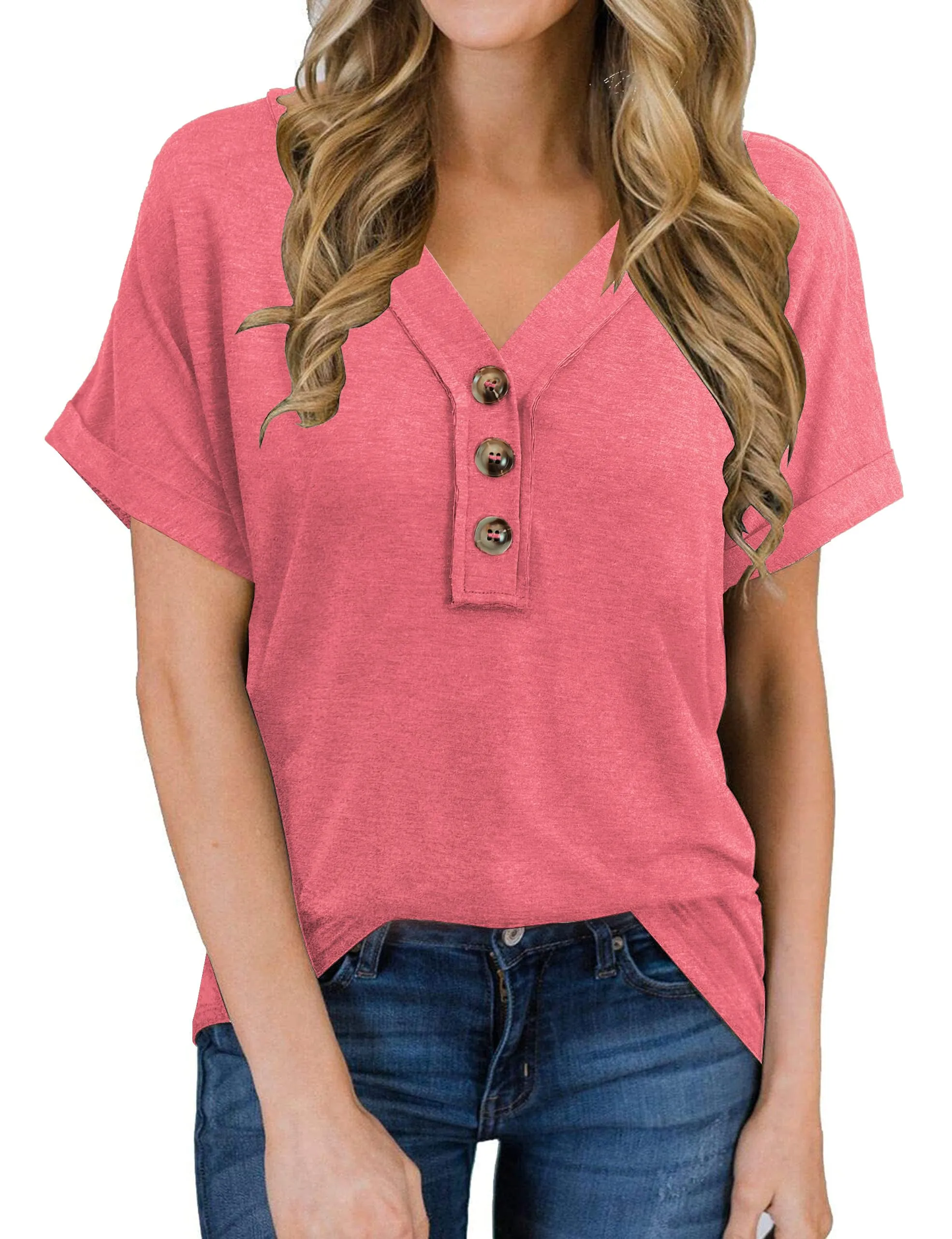 Women Summer Tops 2024 Spring Fashion Button Down Shirts Short Sleeve Tshirts Dressy Casual T Shirts V Neck Clothes Trendy Ladies Outfits Blouses Pink