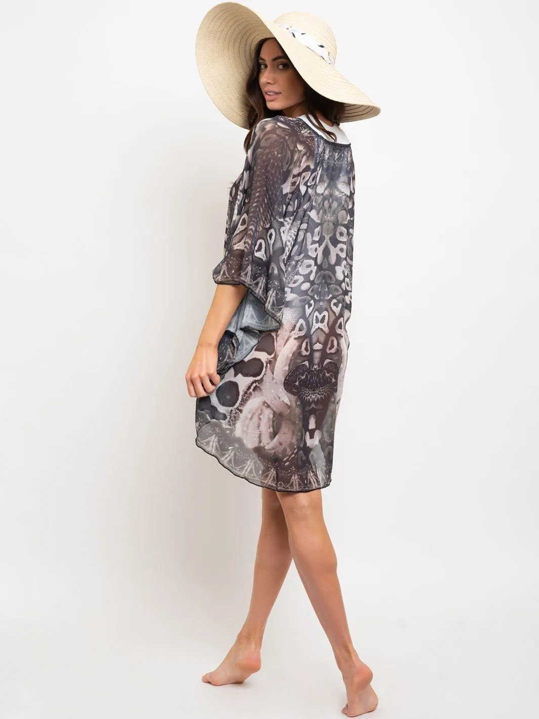 WOMEN'S BLACK BROWN RHIMESTONES TUNIC TOP