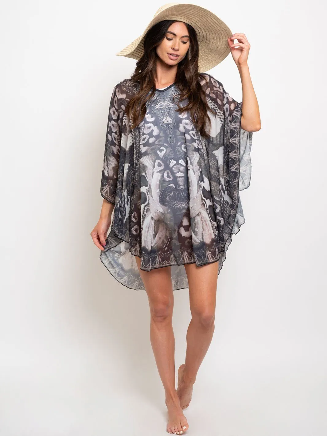 WOMEN'S BLACK BROWN RHIMESTONES TUNIC TOP
