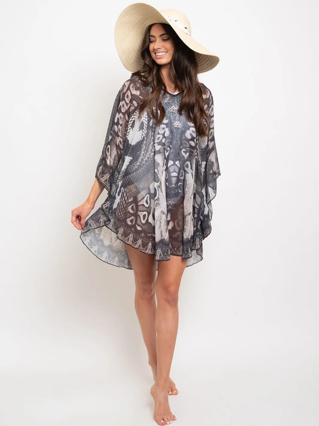 WOMEN'S BLACK BROWN RHIMESTONES TUNIC TOP