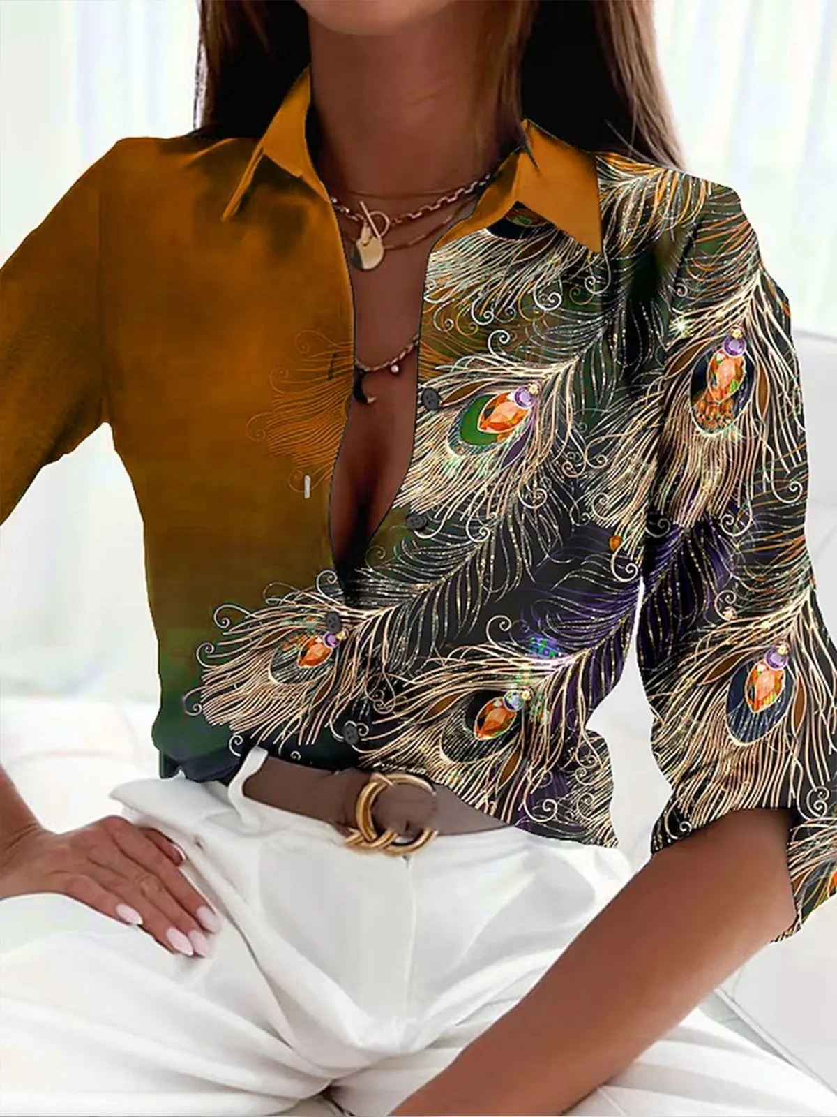 Women's Elegant Stylish Peacock Print Blouse | Button Down