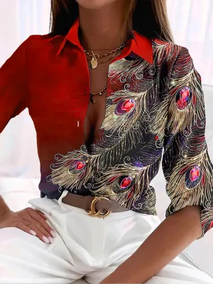 Women's Elegant Stylish Peacock Print Blouse | Button Down