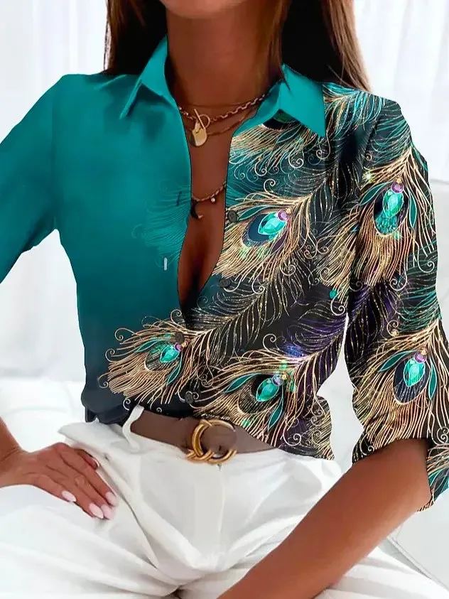 Women's Elegant Stylish Peacock Print Blouse | Button Down