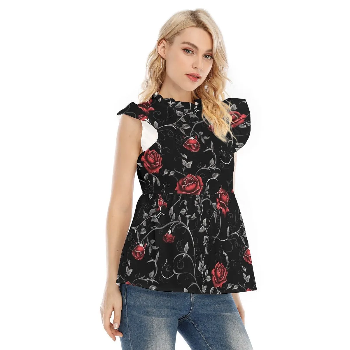Women's Gothic Red Roses & Vines Blouse With Lotus Leaf Lace