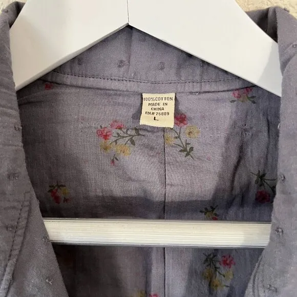 Womens Large Gray Swiss Dot Two-Button Blazer with Raw Trim Cotton Lightweight
