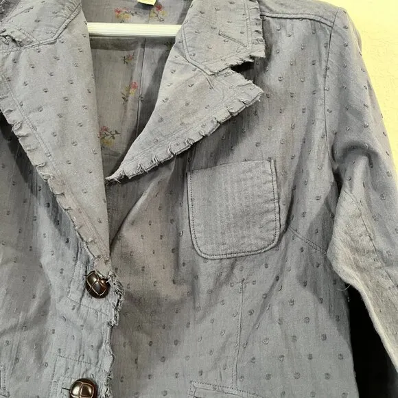 Womens Large Gray Swiss Dot Two-Button Blazer with Raw Trim Cotton Lightweight