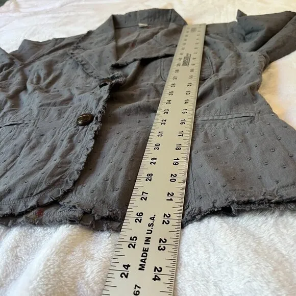 Womens Large Gray Swiss Dot Two-Button Blazer with Raw Trim Cotton Lightweight