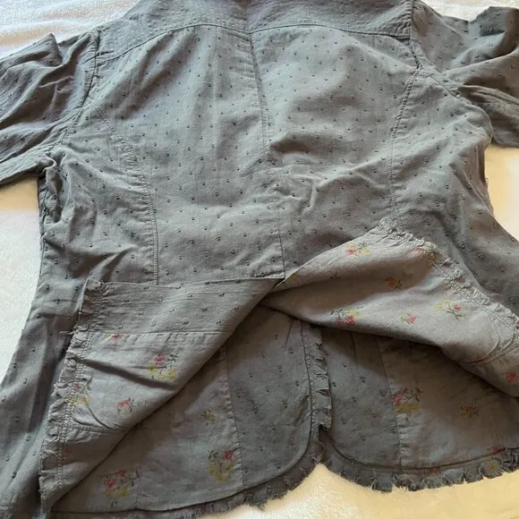 Womens Large Gray Swiss Dot Two-Button Blazer with Raw Trim Cotton Lightweight