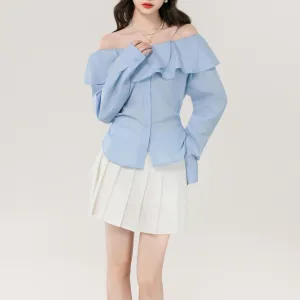 Women's Long Sleeve Poplin Blouse with Bardot Neckline