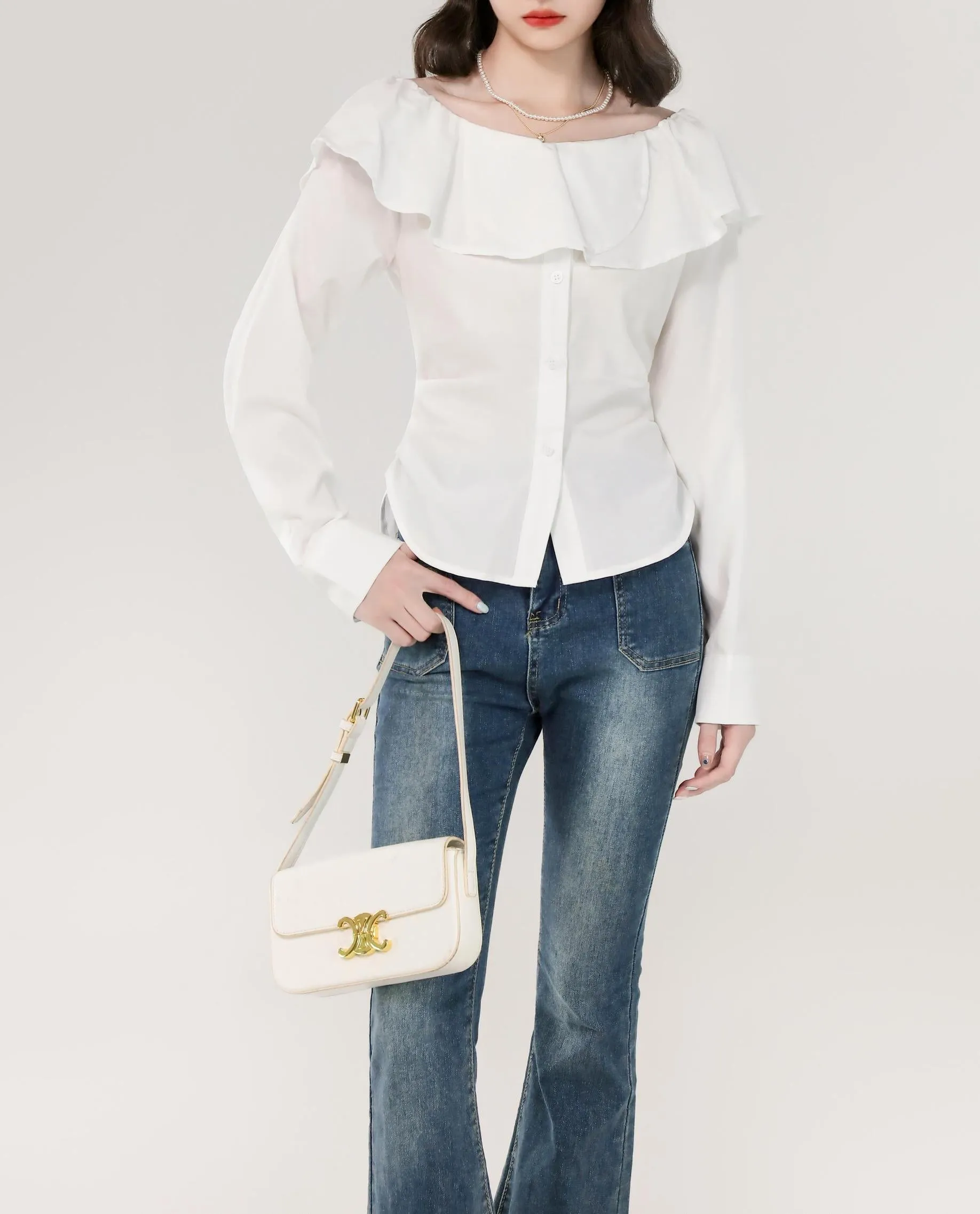 Women's Long Sleeve Poplin Blouse with Bardot Neckline