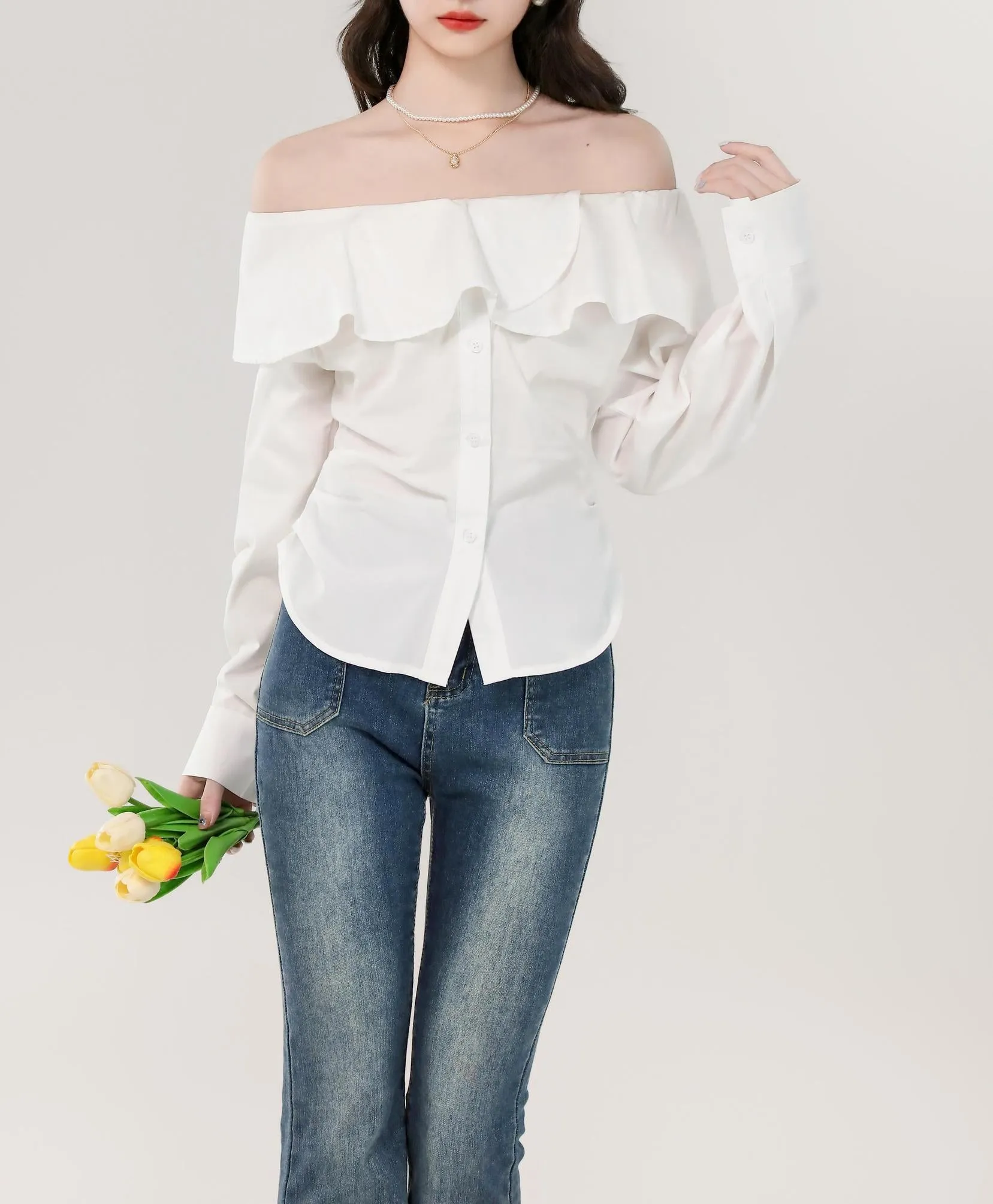 Women's Long Sleeve Poplin Blouse with Bardot Neckline