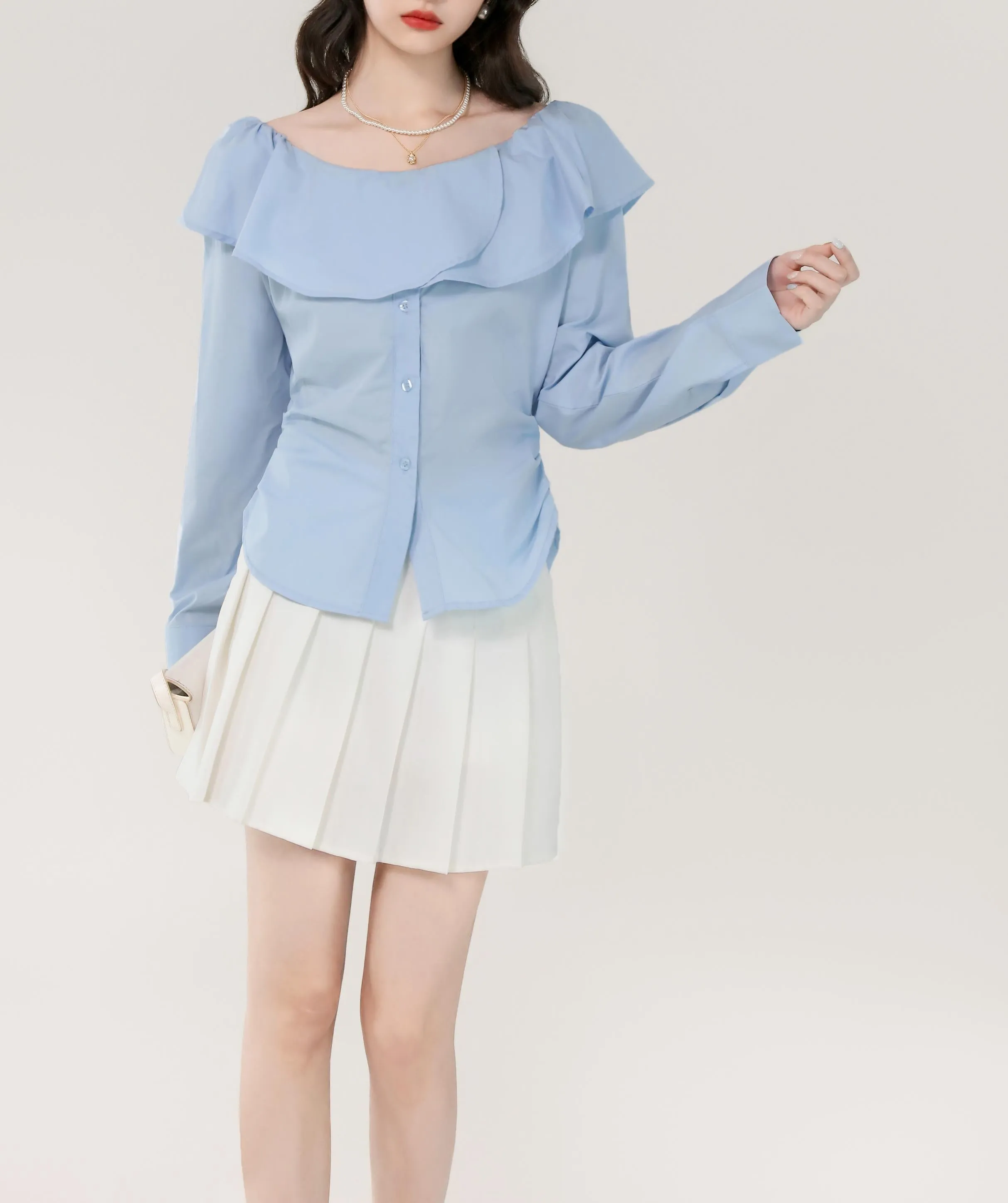 Women's Long Sleeve Poplin Blouse with Bardot Neckline