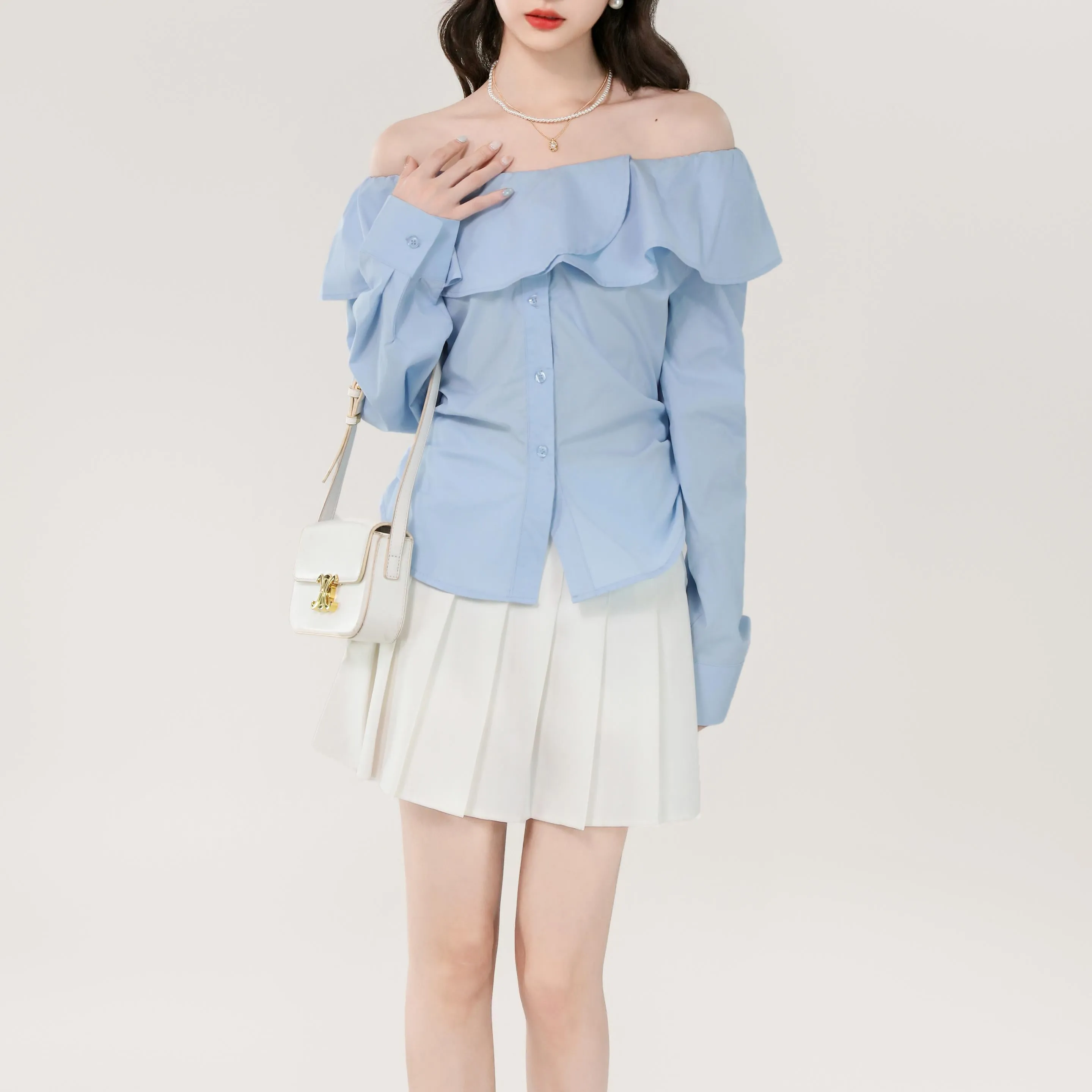 Women's Long Sleeve Poplin Blouse with Bardot Neckline
